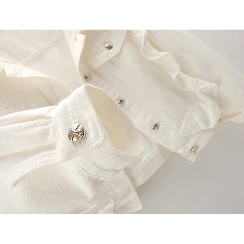 Veste en jean à manches longues et volants blancs pour femmes