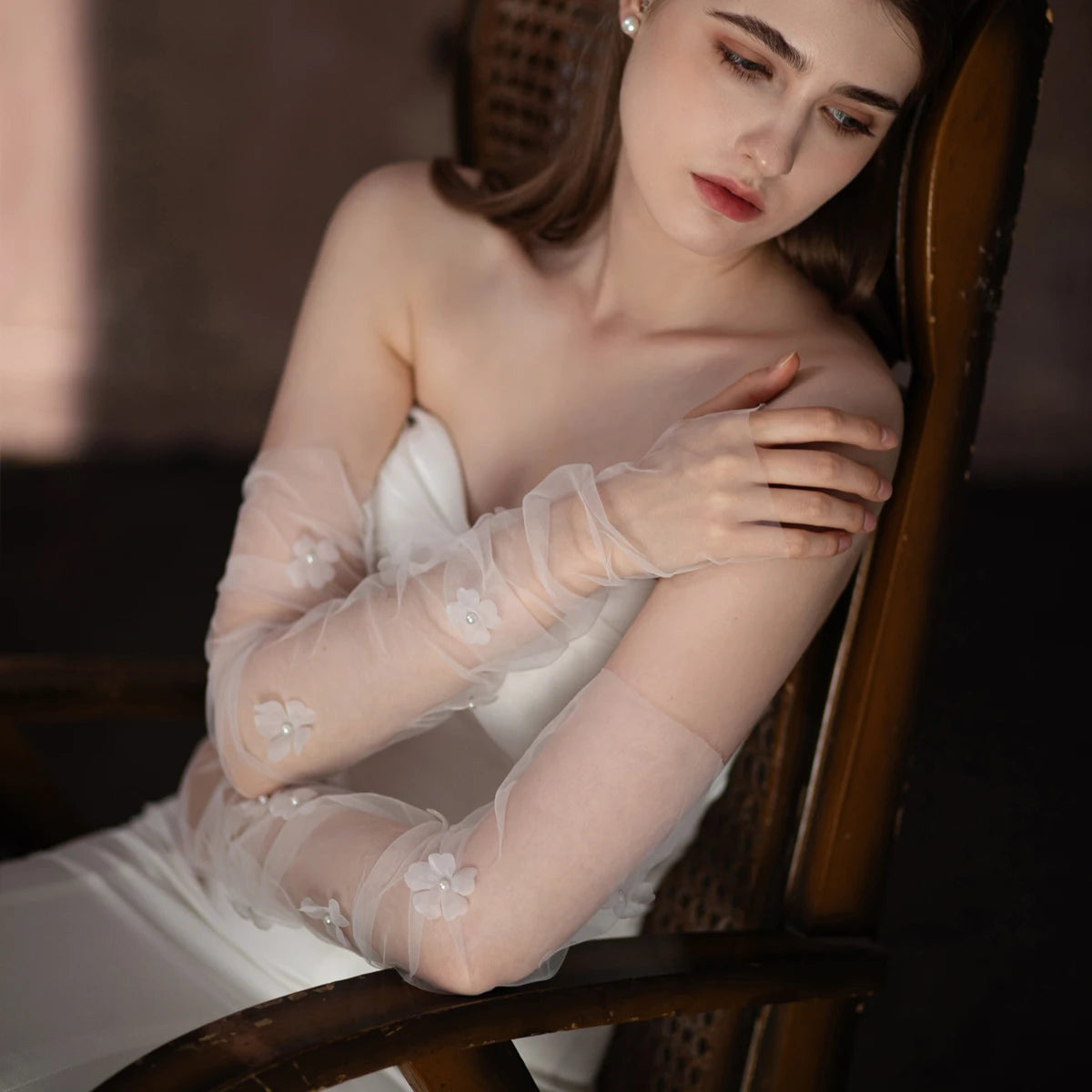 Gants élégants en tulle doux pour mariée, en fil perlé, manchette sans doigts pour femmes