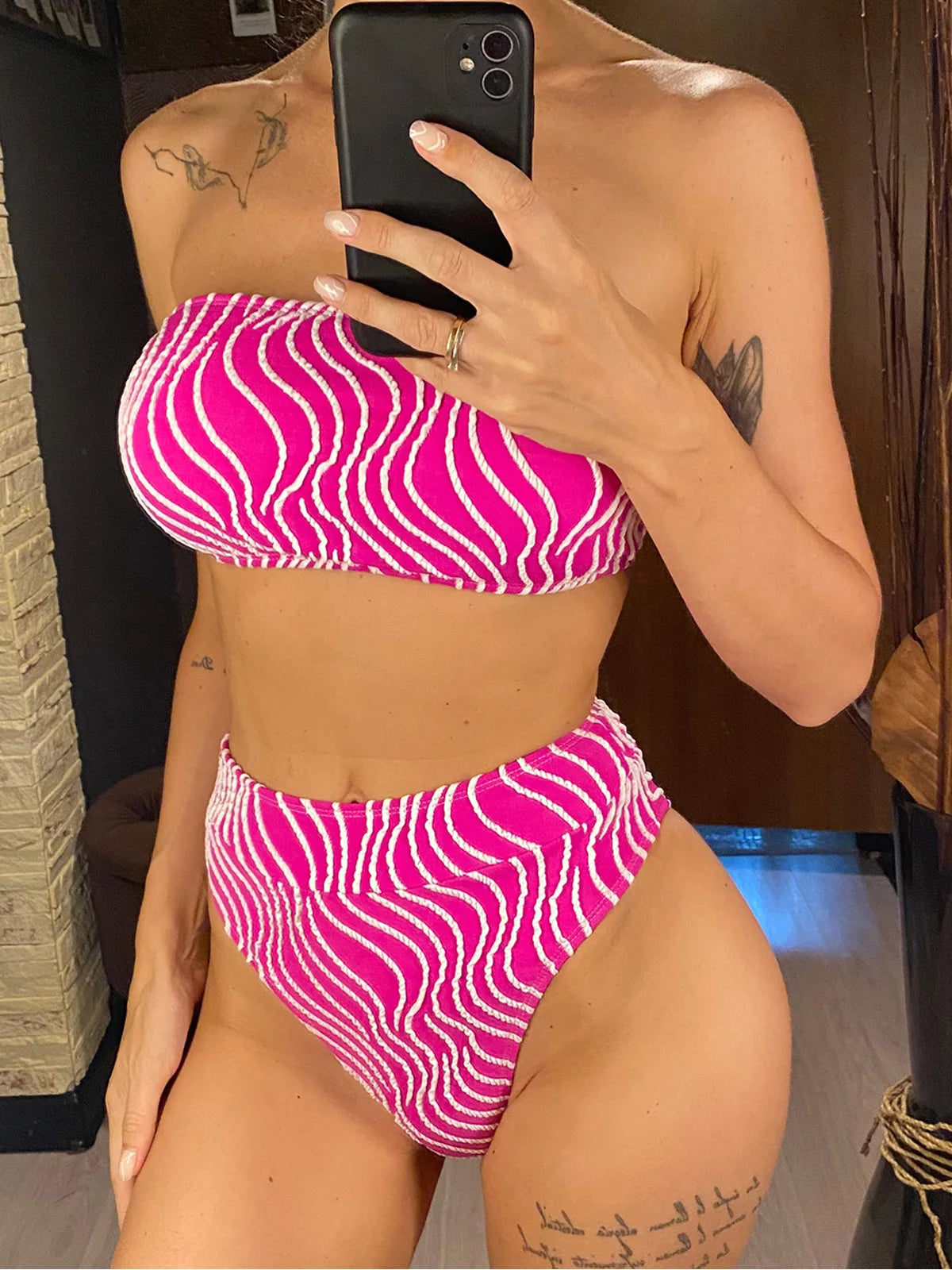 Maillot de bain deux pièces sexy à rayures et taille haute pour femmes