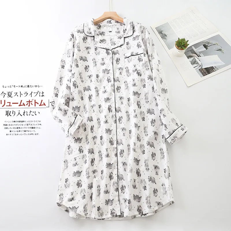 Chemise de nuit à manches longues avec col boutonné pour femmes