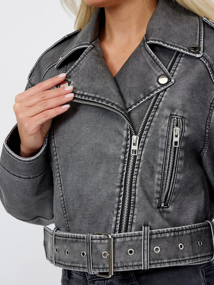 Veste en faux cuir courte avec ceinture pour femmes