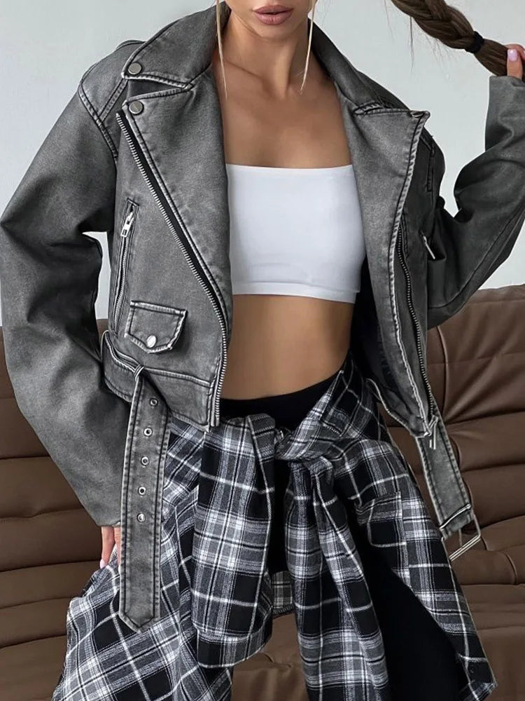 veste rétro ample fermeture éclair en simili cuir courte Vintage avec ceinture pour femmes