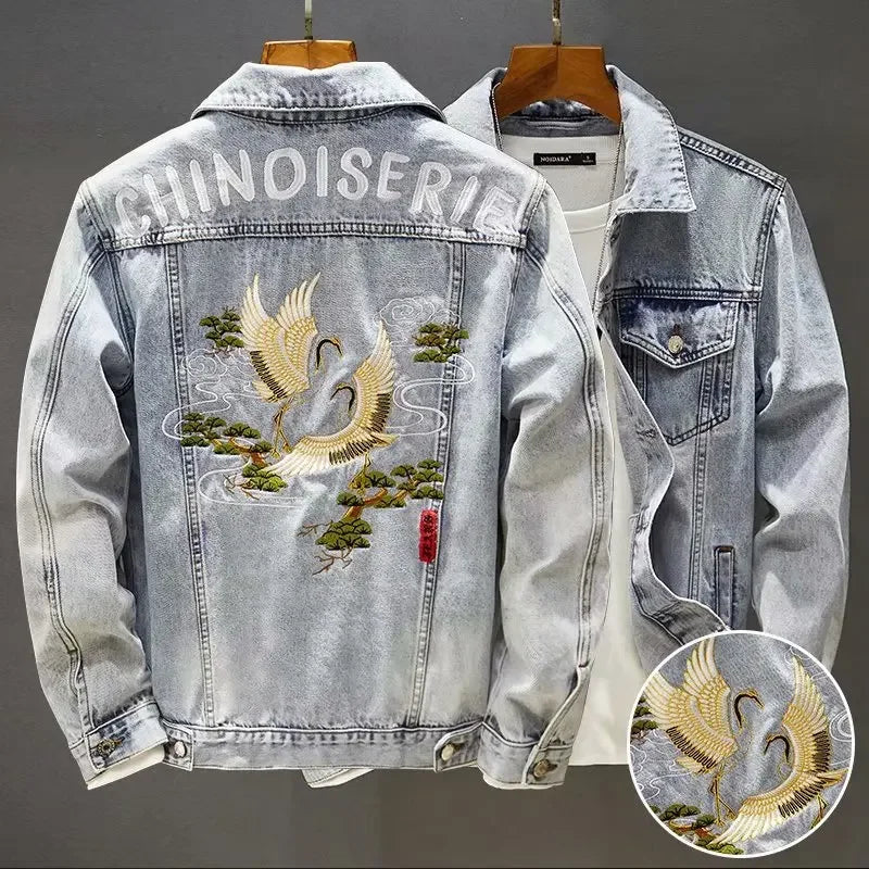 Veste en jean à motifs brodés de style chinois pour hommes