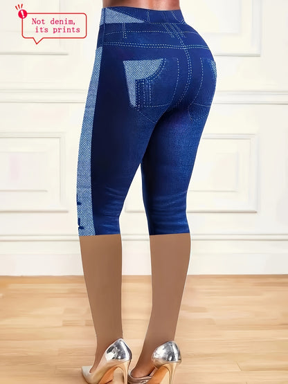 Leggings capri skinny à imprimé faux jean pour femmes