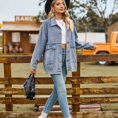 Veste en jean à manches longues pour femmes, polyvalente, mi-longueur