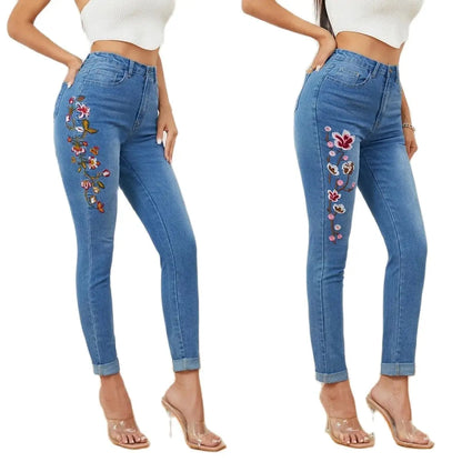 Jeans brodés pour femmes décontracté, slim, longueur cheville, pantalon crayon, taille haute