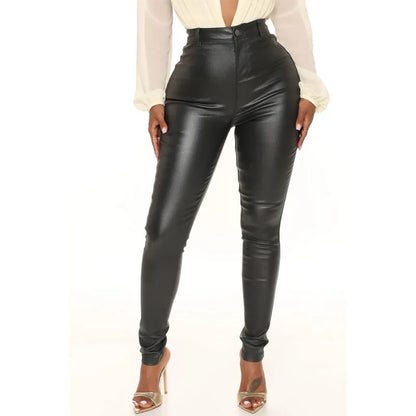 Pantalon en cuir PU pour femmes, noir et marron, taille haute, Slim