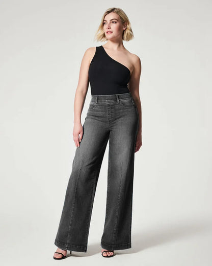 Jean à taille élastique pour femme, pantalon à jambe large