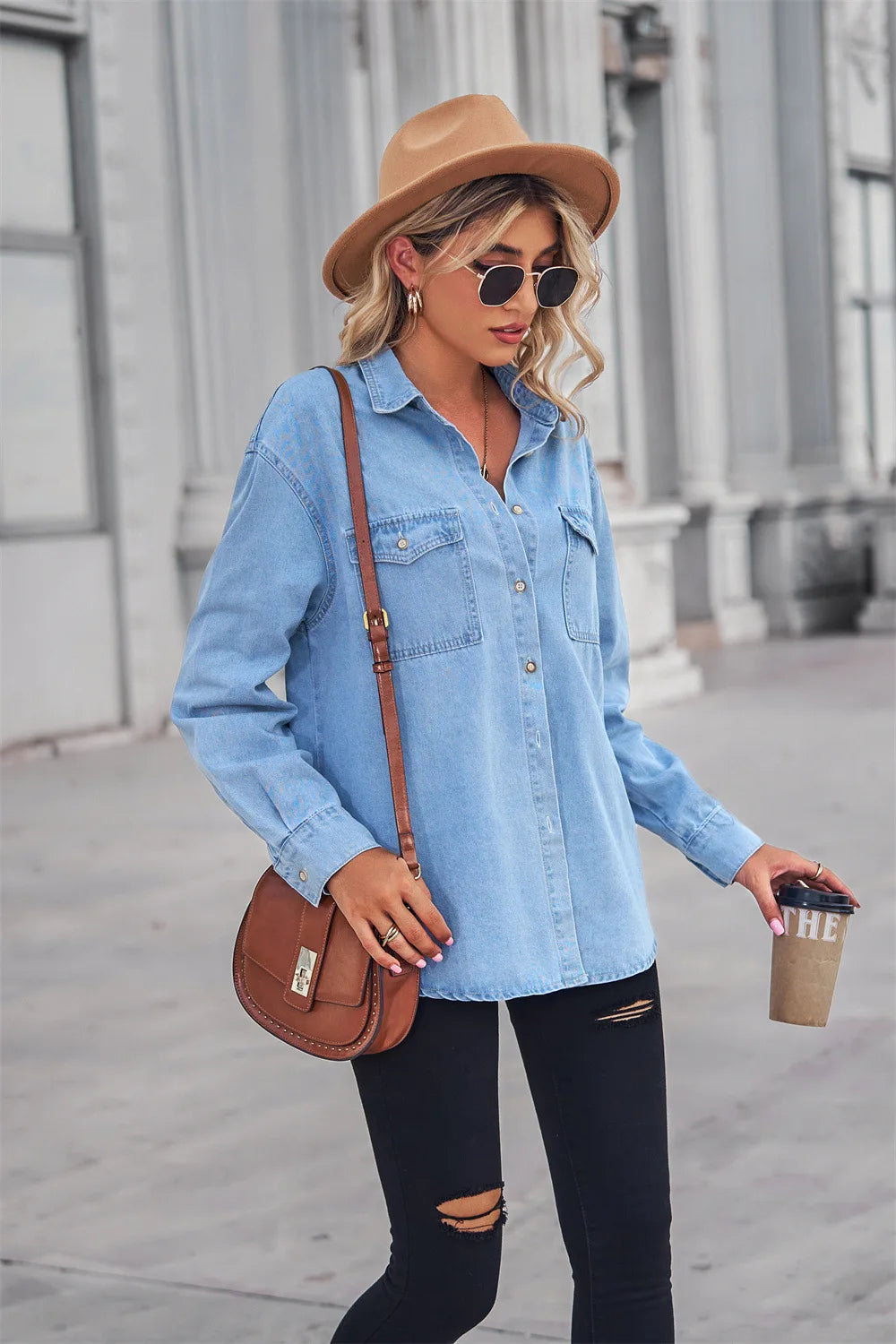 Chemises en jeans pour femmes, coupe ajustée, à manches longues