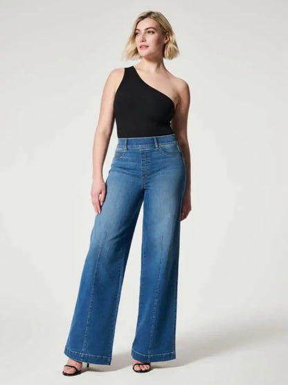 Jean à taille élastique pour femme, pantalon à jambe large