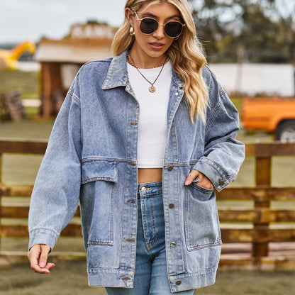 Veste en jean à manches longues pour femmes, polyvalente, mi-longueur