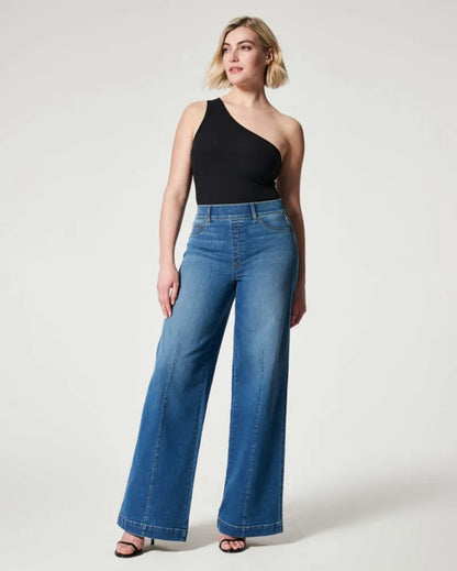 Jean à taille élastique pour femme, pantalon à jambe large