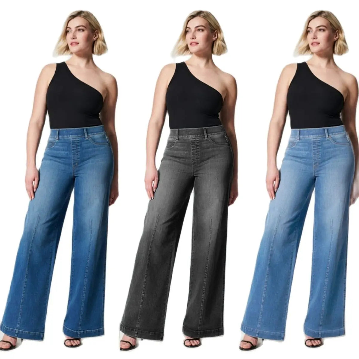 Jean à taille élastique pour femme, pantalon à jambe large