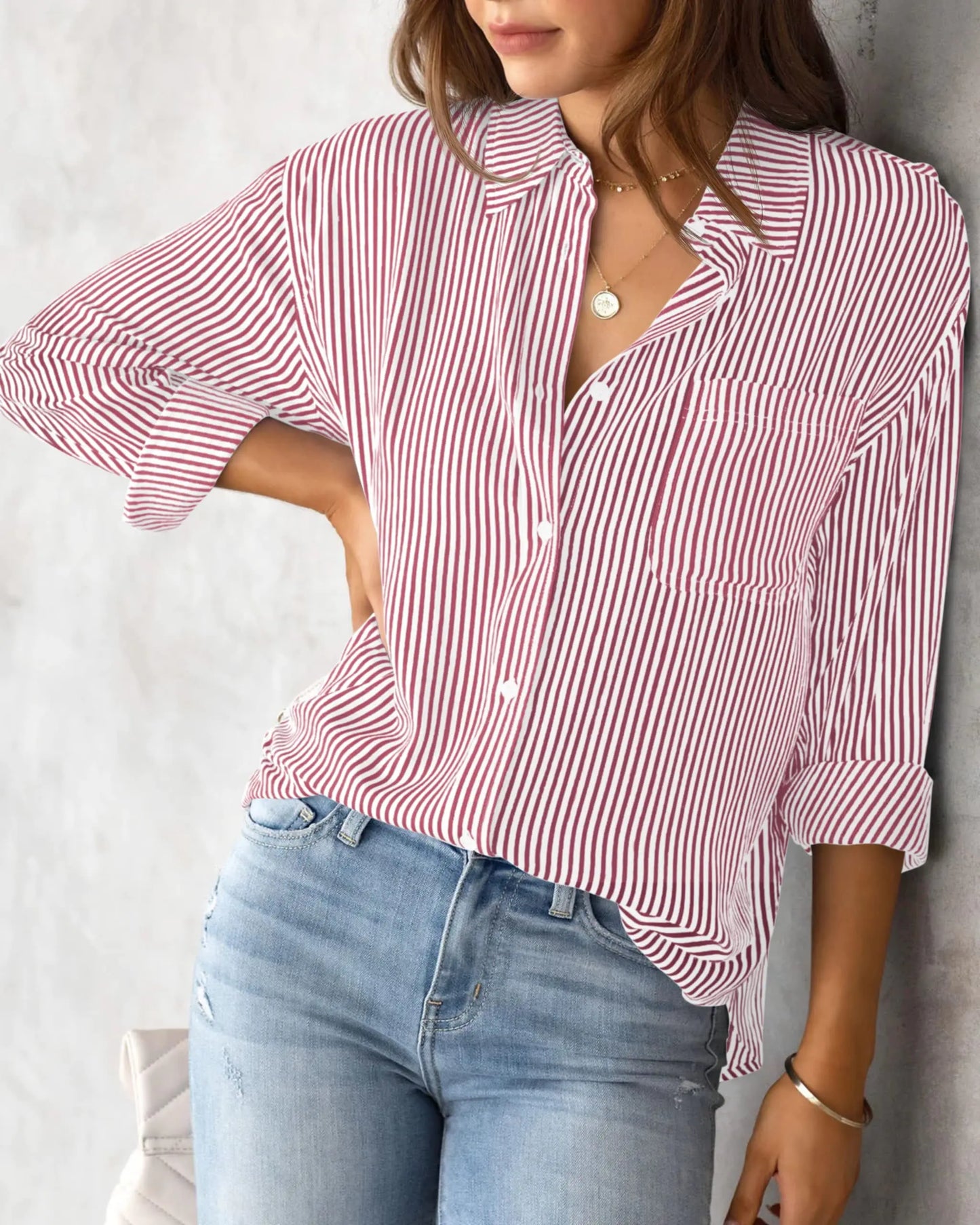 Chemise rayée à manches longues pour femmes, chemisier de travail, col à revers, boutons, mode décontractée