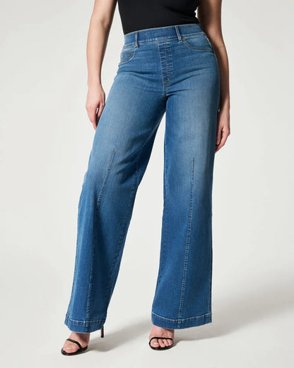 Jean à taille élastique pour femme, pantalon à jambe large