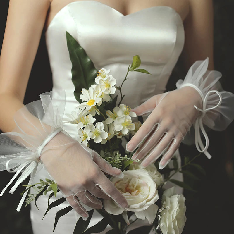 Gants courts en Tulle pour femmes, élégants, pour mariée, blancs, respirants, avec nœud,