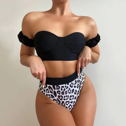 Maillot de bain sexy noir à épaules dénudées pour femmes, ensemble bikini taille haute, style léopard, push-up