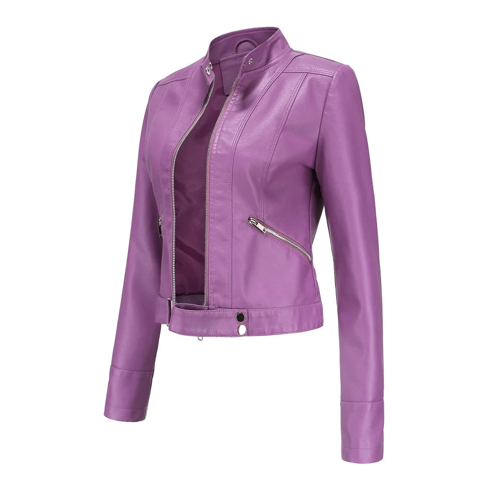 Veste courte en cuir PU pour femme, manteau de motard avec ceinture, col montant, fermeture éclair