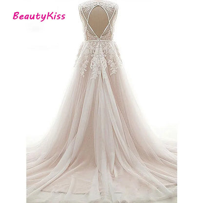 Robe De mariée Sexy en dentelle et Tulle, col en v, dos ouvert, ligne a, sans manches, avec des Appliques, avec traîne De balayage