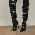 Bottes de moto en cuir verni plissé de haute qualité pour femmes