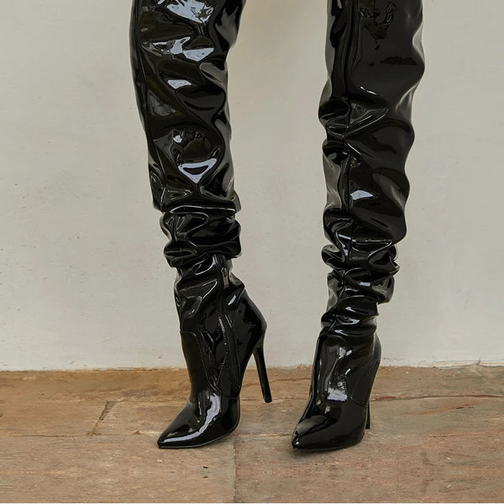 Bottes de moto en cuir verni plissé de haute qualité pour femmes