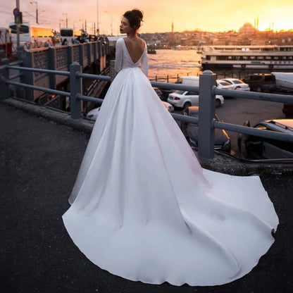 Robe de Mariée en Satin de Style Bohème, Tenue à Manches sulf, Col Rond