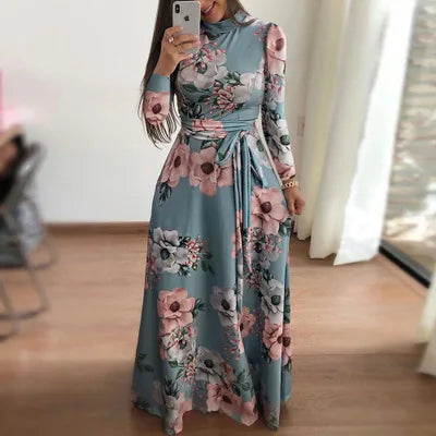 Robe longue à col montant et ceinture style bohème pour femme