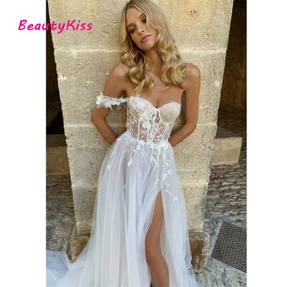 Robe de Mariée Trapèze en Dentelle avec Appliques Modestes, Sexy, Fendue sur le Côté, Style Boho