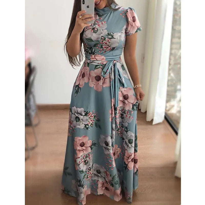 Robe longue à col montant et ceinture style bohème pour femme