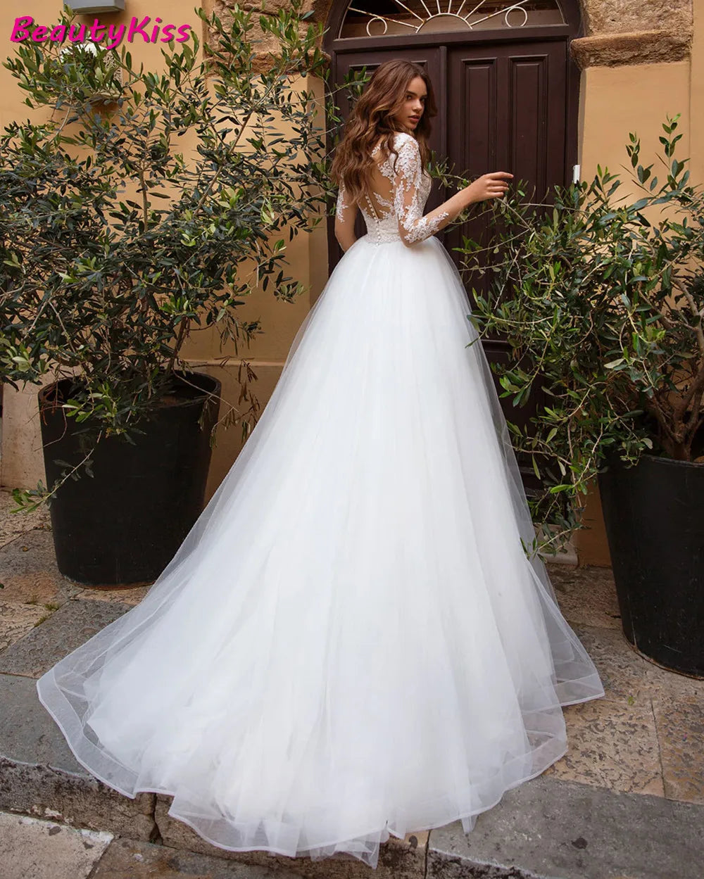 Robe De mariée élégante en Tulle, col en v, manches longues, ligne a, avec des Appliques