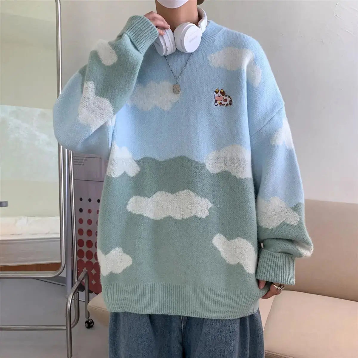 Pull tricoté pour femmes, bleu ciel, mignon, imprimé vache, nuages