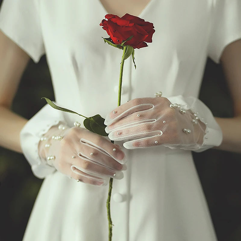 Gants de mariée élégants en Satin, perles blanches en Tulle, bord à volants