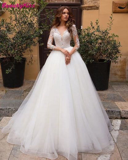 Robe De mariée élégante en Tulle, col en v, manches longues, ligne a, avec des Appliques