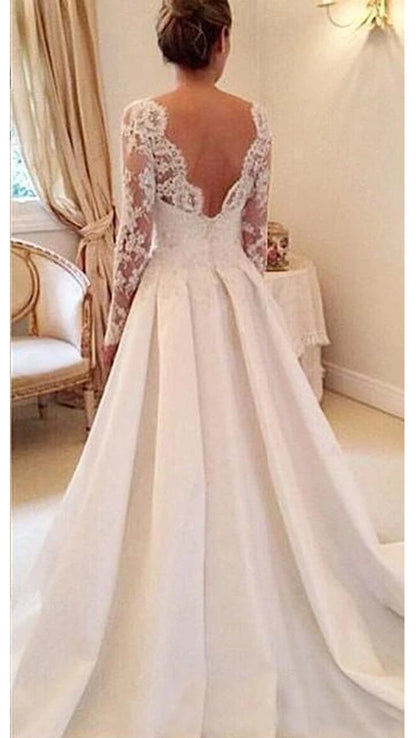 Robe de mariée trapèze classique à manches longues, dos nu, col rond transparent