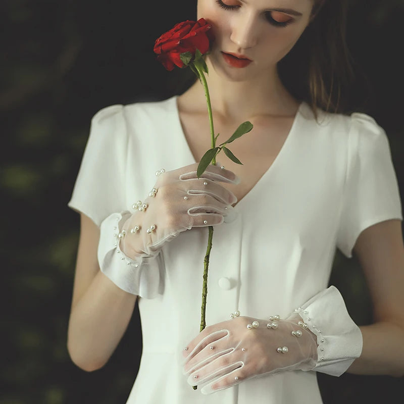 Gants de mariée élégants en Satin, perles blanches en Tulle, bord à volants