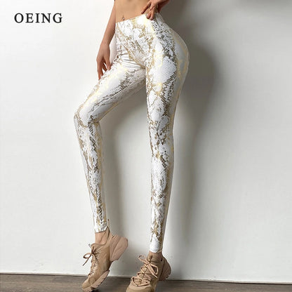 Leggings élastiques à paillettes imprimé serpent pour femmes