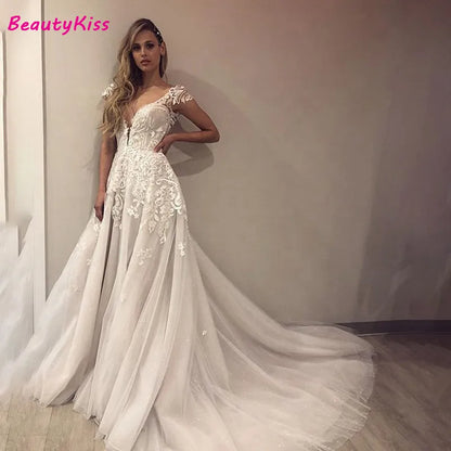 Robe De mariée trapèze Sexy, dos nu, en Tulle perlé scintillant, décolleté en v profond, avec des Appliques