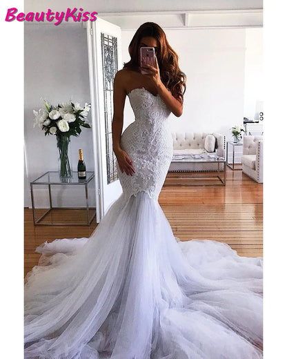 Robe de mariée sirène arabe sans bretelles, style Boho, avec des Appliques serrées, en Tulle, queue de poisson