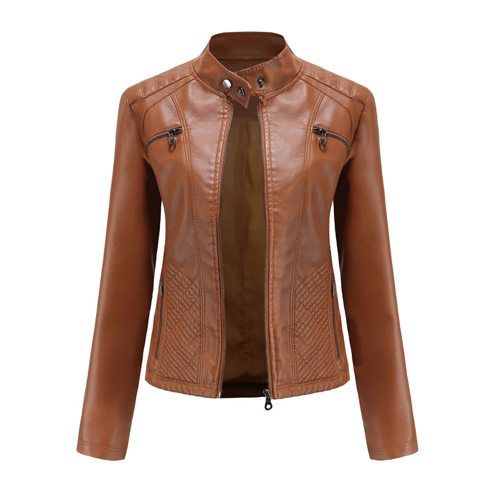 Blouson en cuir PU femme, décontracté, col montant