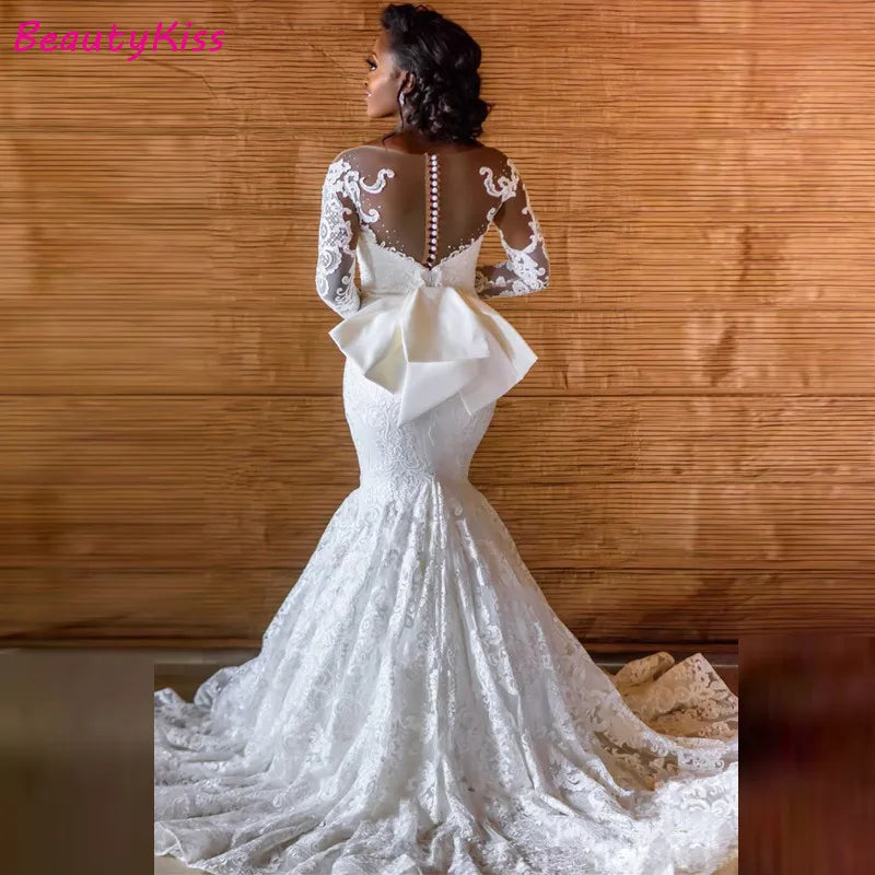 Robes de mariée sirène africaines à manches longues, avec traîne amovible, effet d'illusion arabe, avec des Appliques en dentelle perlées, grande taille