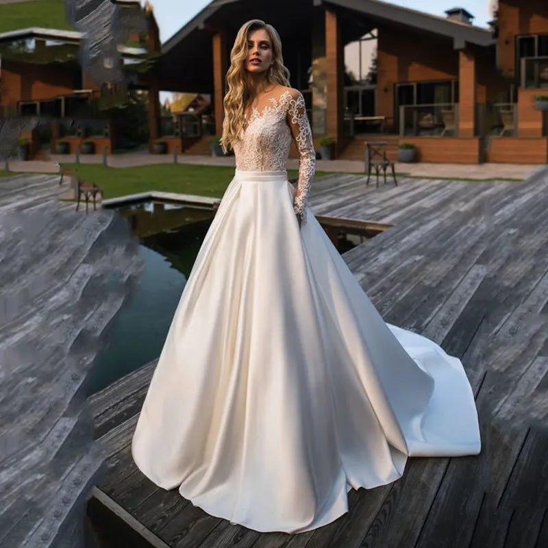 Robe de mariée Vintage à manches longues avec poches, col rond, ligne a, en dentelle, en Satin, boutonnée au dos, avec traîne Court