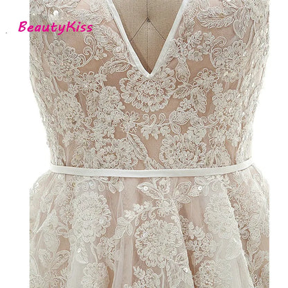 Robe De mariée Sexy en dentelle et Tulle, col en v, dos ouvert, ligne a, sans manches, avec des Appliques, avec traîne De balayage