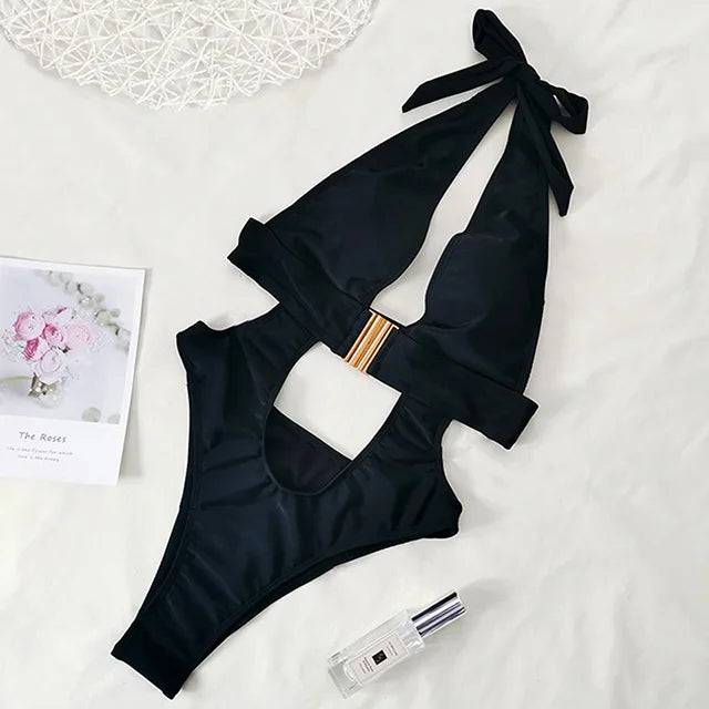 Maillot de bain une pièce halter col en V Profond pour femmes