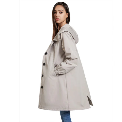 Coupe-vent à capuche pour femme, manteau long, poche