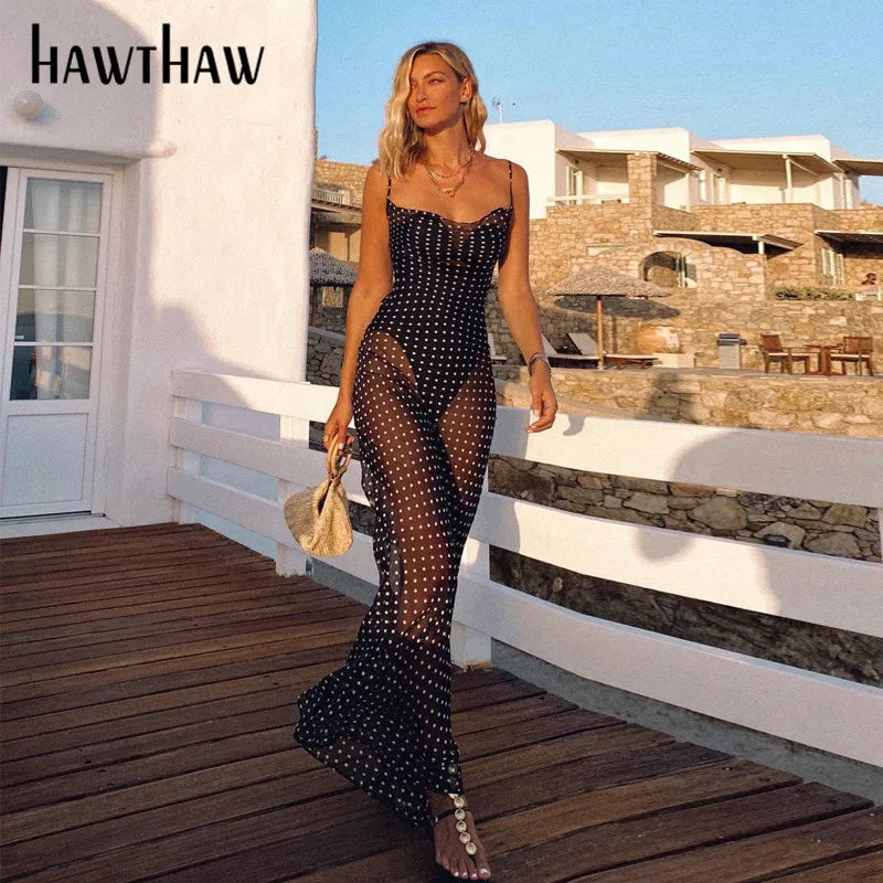 robe longue noire transparente à pois, dos nu, sans manches pour femmes