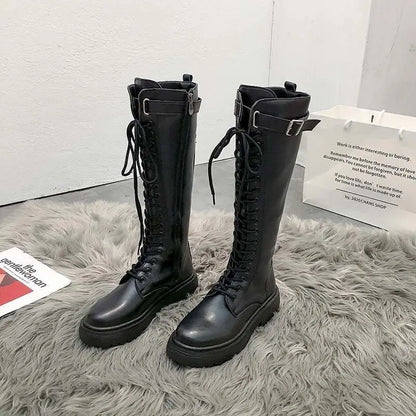 Bottes hautes à talons carrés épais pour femme à lacets