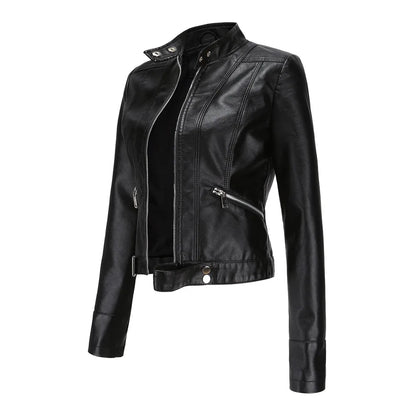 Veste courte en cuir PU pour femme, manteau de motard avec ceinture, col montant, fermeture éclair