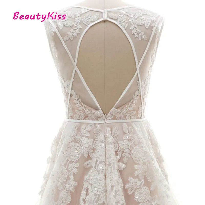 Robe De mariée Sexy en dentelle et Tulle, col en v, dos ouvert, ligne a, sans manches, avec des Appliques, avec traîne De balayage