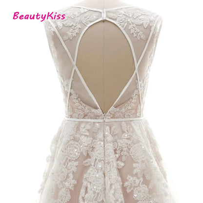 Robe De mariée Sexy en dentelle et Tulle, col en v, dos ouvert, ligne a, sans manches, avec des Appliques, avec traîne De balayage