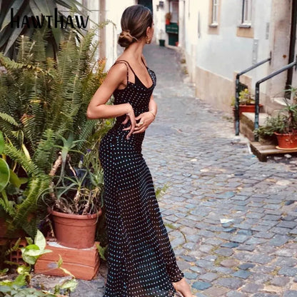 robe longue noire transparente à pois, dos nu, sans manches pour femmes